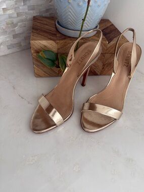 SCHUTZ Gold Open-Toe Slingback Heels
